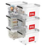 Cetomo 35L*6 Storage Boxes with Wheels, Plastic Storage Bins with Lids, Latching Buckles, Click Closure, Stackable, Nestable, Organizer for Home Office Clothes, Clear, 35L-6 Pack