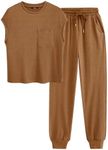 BTFBM Women's Two Piece Outfits Sweatsuit Sets Ribbed Knit Tops and High Waisted Pants Tracksuit Lounge Sets(Solid Dark Khaki,Small)