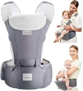 Bebamour Baby Carrier Newborn to Toddler-2 in 1 Hip Seat & Carrier Front and Back Carry with Head Hood & 3 Pieces Teething Pads& Waist Extenders & Storage Bag 0-36 Months (New Grey)