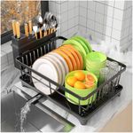 Dish Drainer Rack, Space Saving Dish Drainer for Kitchen Counter with Utensil Holder, Kitchen Dish Rack Sink Dish Drying Rack with Drain Board, Black