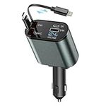 LUOCAI 120W Retractable Car Charger 4 in 1 Car Charger Adapter with Retractable Cables and Voltage Display, for 12V / 24V Vehicles, Compatible with i-P-hone, Android, Samsung Galaxy