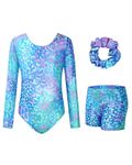 JiAmy Gymnastics Leotards for Girls, Long Sleeve Sparkly Gymnastics Athletic Outfit with Shorts for 3-12 years