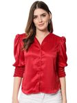 angloindu Regular Fit Women's Red Satin Puff Sleeve Button Down Shirt, V-Neck