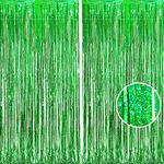 BRAVESHINE Green Glitter Tinsel Foil Fringe Curtains - 2 Pcs 3.2x8.2 ft Metallic Photo Backdrop for Dinosaur Birthday Soccer Christmas Tropical Summer Jungle Safari Super Bowl Party Decorations