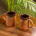 ExclusiveLane 'Leaf Sips' Ceramic Tea Cups and Ceramic Coffee Mugs Set of 2 (400 ML, Microwave & Dishwasher Safe)|Handcarved Tea Mugs Ceramic Mugs for Coffee Milk Mug Coffee Cup Drinkware