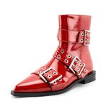 KaroNairy Ankle Boots for Women Wide Buckle Boots Pointed Toe Low Heel Boots Pull on Fashion Dress Short Boots, Red, 9.5