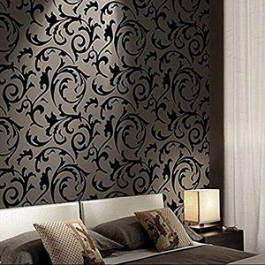 Q QIHANG Black Victorian Damask/Simulation Striped PVC Non-Pasted Living Room TV Background Wallpaper Roll 1.73'W x 32.8'L