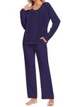 Famulily Loungewear Set Women Cotton Solid Color Pajamas Sets Matching Long Sleeve O Neck Sleepwear Set Navy Blue L