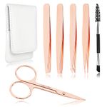 Precision Eyebrow Tweezers Set Pack of 6 for Women Ingrown Facial Hair Removal Pointed Rose Gold Tweezers Scissors Brush Kit for Splinter with Leather Case Gift