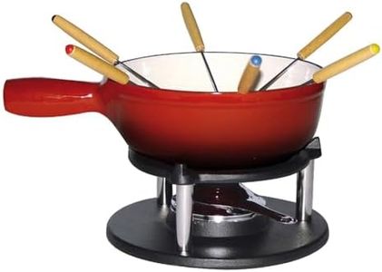 Baumalu, Service à Fondue Savoyarde en Fonte Émaillée Rouge, 20 cm, pour 6 personnes, comprenant 1 réchaud, 1 brûleur, 1 caquelon et 6 fourchettes