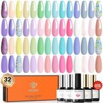 Modelones 32Pcs Gel Nail Polish Set, 28 Colors 7ML Gel Polish Set with Glitter & Glossy & Matte Gel Top + Base Coat Pastel Macaron Colors, 2024 Spring Gel Polish Kit Trendy Nail Art for Women Girls