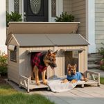 59" L Extra Large Dog House Outdoor for 2 Dogs, XL Wooden Dog House Pet Shelter Weatherproof with 2 Window, Openable Roof, All-Around Iron Frame, Removable Floor, Balcony for Large Small Dogs