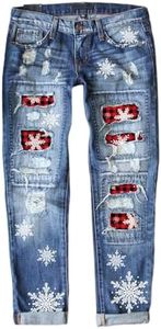 EVALESS Ripped Jeans for Women Christmas Snow Print Distressed Boyfriend Skinny Distressed Cute Denim Jeans Pants with Hole Sky Blue Small