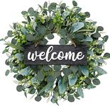 Dremisland Green Eucalyptus Wreath with Welcome Sign 22in Spring Summer Artificial Eucalyptus Wreath for Front Door Polytype Leaves Wreath for Wall Window Festival Farmhouse Patio Garden Decor (Black)