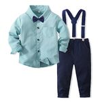 Boys Wedding Outfit Toddler Green Suspenders Bowtie Pants Set 5-6 Years Long Sleeve Button Down Shirt Formal Ring Bearer Wear (Green+Navy, 5-6 Years)