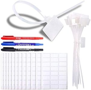 Glarks 200-Pieces 6 Inch Nylon Cable Marker Ties Self-Locking Cord Tags Write on Ethernet Label Wire Straps with 3 Marker Pens and 288Pcs White Self-Adhesive Cable Labels for Home and Office Use