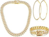 HAIAISO Cuban Link Chain Necklace Bracelet Rhinestone Hoop Earrings Set Bling Necklace Bracelet Crystal Big Circle Earrings for Women Girls(Gold-51CM)…