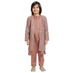 Piccolo, Silk Blend Embroidered Layered Mirror Work Jacket Kurta with Trouser, Ethnic Wear, Full Sleeves Kurta and Pyjama/Pajama, Traditional Dress for Boys Kids (Color – Mauve)