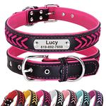 Didog Personalized Leather Dog Collar, Braided Custom Leather Dog Collars with Engraved Nameplate for Small Medium Large Dogs, Hot Pink, XL