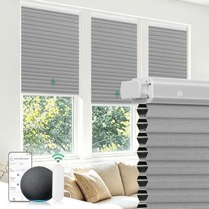 Allesin No Drill Motorized Cellular Shades Quiet Motor Smart Honeycomb Blinds with App and Voice Control Rechargeable Solar Option Aluminum Rails(48" W x 64" H, 100% Blackout Volcanic Gray)