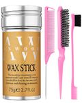 Slick Back Hair Brush & Wax Stick for Hair 4Pcs, Hair Wax Stick for Women Flyaways, Pink Edge Brush for Baby Hair Edge Control, Rat Tail Comb for Smooth, Bristle Brush for Teasing Fullness & Softness