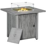 Outsunny Propane Gas Fire Pit Table for Garden, 40,000 BTU Smokeless Firepit Outdoor Patio Heater with Waterproof Cover, Glass Screen, Glass Beads and Lid, Wood Effect, 71 x 71 x 62.5cm, Grey