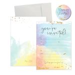 Paper 'n Such 25 Blank Party Invitations With Envelopes For All Occasions, Weddings, Bridal Showers, Engagement, Birthday Party, Graduation, Fill In Colorful Watercolor Invites - Kids or Adults