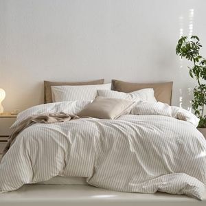 MooMee Striped Duvet Cover Set 100% Washed Cotton Linen Like Textured Breathable Durable Soft Comfy (White Tannish Linen Grey Wide Stripes, Alaska King 132"x120")