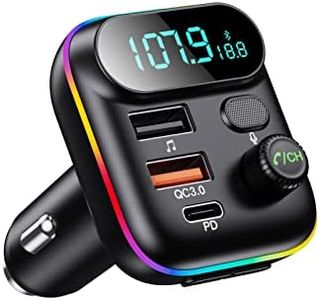 Bluetooth Adapter for Car, Wireless FM Radio Transmitter, Wireless Bluetooth 5.0, MP3 Music Player, QC3.0 + PD 20W USB Car Charger, 7 Colors LED Backlit