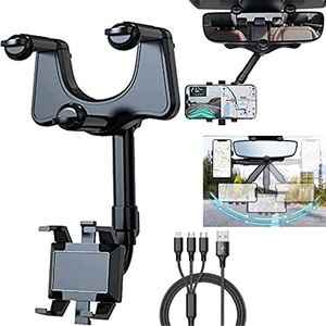 Upgraded Version 360°Rotatable and Retractable Car Phone Holder，Multifunctional Rearview Mirror Phone Holder，GPS Holder Car Phone Stand for All Mobile Phones﹙with 3-in-1 Mobile Phone Charging Cable﹚