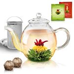 Creano Glass Teapot 1000ml - Including 2 Blooming Tea - Stovetop Safe Tea Kettle with Stainless Steel Infuser and Glass Lid - Ideal for Preparing Loose Teas - Drip Free