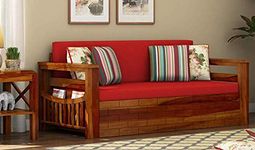 WOODTREND Wood Sofa Cums Bed for Home Living Room | Sofa Cums Bed for Living Room Wooden with Storage | Sofa Cums Bed 3-Person Sofa Furniture Without Pillow | Honey Oak Finish, Orange