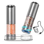 CIRCLE JOY Rechargeable Electric Salt and Pepper Grinder Set with Base, Stainless Steel Pepper Mills with Washable 95ml Container, White LED Light and Adjustable Coarseness, Silver