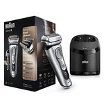 Braun Series 9 Electric Shaver, With Clean & Charge Station & Leather Case, Flawless Shave, 100% Waterproof, Gifts for Men, 2 Pin Bathroom Plug, 9390cc, Silver