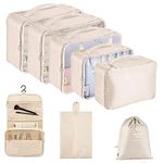 8 Set Travel Packing Cubes, Luggage Organizers Cubes with Hanging Toiletry Bag, Travel Packing Organizers for Carry on Luggage Packing Pouches (Beige)