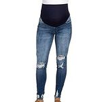 Spritumn-Home Maternity Jeans for Women UK,Pregnant Women Jeans,Fashion Solid Blue Maternity Trousers Skinny Slim Fit Ripped Jeans Pregnant Over The Bump Vintage Stretch Denim Leggings (Blue, L)