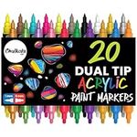 Chalkola 20 Acrylic Paint Pens Dual Tip - Acrylic Markers for Rock Painting, Canvas, Wood, Ceramic, Glass, Fabric, Metal - Permanent & Waterproof Fine Tip Acrylic Paint Markers for Kids & Adults