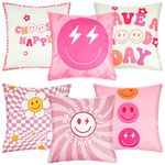 6 Pcs Decorative Preppy Throw Pillows Cushion Covers Cute Preppy Aesthetic Pillow Covers Smile Face Room Decor Preppy Stuff Throw Pillow Case for Teen Girls Bedroom Home, 18 x 18 Inch