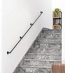 DIYHD 12FT Stair Black Pipe Handrail with 4 Wall Mount Supports,Rustic Black,Round Corner Style