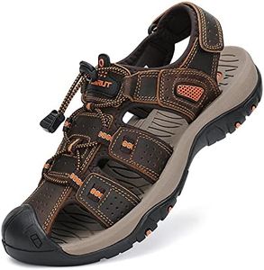 FLARUT Men's Sport Sandals Outdoor Hiking Sandals Closed Toe Leather Athletic Lightweight Trail Walking Casual Sandals Water Shoes (C-DarkBrown,46)