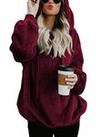 Womens Fuzzy Long Sleeve Drawstring Sherpa Hoodies Pullover Sweaters Warm Soft Fleece Sweatshirt Outwear Burgundy Medium