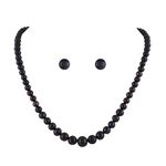 Classic Black Pearl & Bead Necklace Set with FREE Ear Studs & Bracelet (Gift/Party/Wedding) (black)