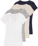 Zenana Outfitters Womens 4 Pack Zenana Women's Basic V-Neck T-Shirts White, Navy, H Gray, H Beige Large