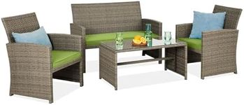 Best Choice Products 4-Piece Outdoor Wicker Patio Conversation Furniture Set for Backyard w/Coffee Table, Seat Cushions - Taupe/Pistachio