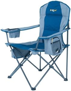 OZtrail Cooler Arm Chair, Blue - Quad Fold, Built-in Cooler, Drink Holders, Bottle Opener and Organiser, 150kg Rated, Comfortable High Back, Padded Seat and Backrest, 600D Polyester