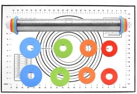 Rolling Pin and Silicone Baking Pastry Mat Set, Stainless Steel Dough Roller with Adjustable Thickness Rings, for Pizza, Pie, Pastries, Pasta, Cookies Black
