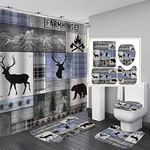 Camille&Andrew 4PCS Cabin Shower Curtain Set, Black Bear Deer Elk Moose Woodland Animal Wildlife Hunting Lodge Blue Buffalo Plaid Patchwork Country Rustic Farmhouse Bathroom Decor, Non-Slip Bath Mat