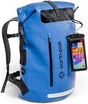 Earth Pak Waterproof Backpack with Roll-Top Closure, Front Pocket, Cushioned Back Panel & Phone Case (Blue, 55L)