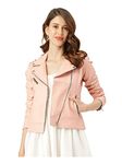 DELGARM Women/Girls Faux Leather Biker Jacket with Lapel Collar (M, PINK)