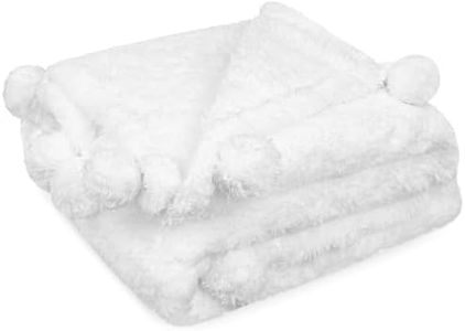 Pavilia White Sherpa Throw Blanket - Warm Plush Pom Pom Blanket for Couch & Bed, Cozy Fuzzy Throw (Twin, 60x80)